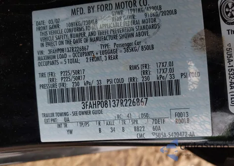 2007 Ford Fusion Sel z USA, uszkodzony, nr VIN 3FAHP08137R226867